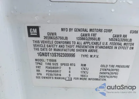 2006 Chevrolet Trailblazer Lt from USA, damaged, VIN 1GNDT13S762309996